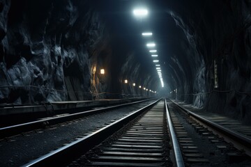 Fototapeta na wymiar Train with lights in sleek tunnel. Black and white photo of high speed modern railway. Generate ai