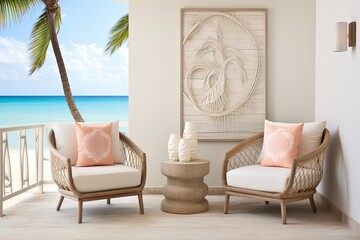 Beachfront Bliss: Coral and Seashell Accents Adorn Lounge Chairs on Open-Air Balcony