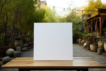 Blank white mockup sign with copy space situated in a lush and tranquil city park - obrazy, fototapety, plakaty