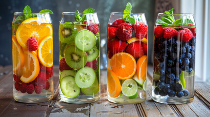 A colorful array of fruit infused water