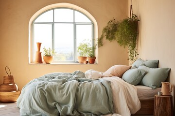 Pastel Green Bed Linen: Mediterranean Color Palette with Terracotta and Blue Accents