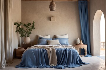 Mediterranean Color Palette Bedroom Inspiration: Light Beige Curtains and Deep Blue Bedspread - obrazy, fototapety, plakaty