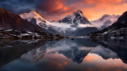 Fototapeten Panorama of a mountain lake at sunset with reflection in the water © Iman