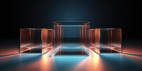 Transparency, clear, pure, concept image, Three light blue glass cubes or blocks in dark background.