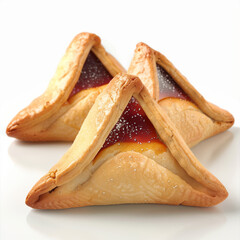 Traditional cookie Hamantaschen or Haman's ears for Jewish holiday Purim on white background.