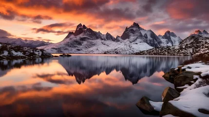 Fototapeten Panoramic view of snowy mountains reflected in water at sunset. © Iman