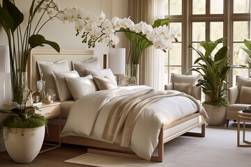 Beige Bedroom with Lush Fern and Orchid Displays on Wooden Plant Stands