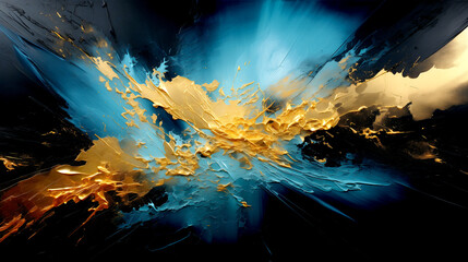 Golden Flowing Wave with Golden Splashes on Blue Background