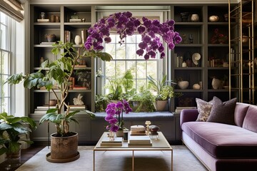 Bountiful Greenery: Lavish Living Area in Glam Apartment Adorned with Lush Fern and Orchid Wall Shelves
