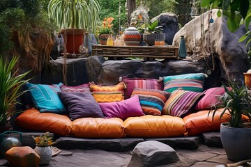 Bohemian Backyard Oasis: Rock Garden, Colorful Cushions & Textile Rugs