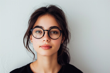 Serene young woman with round black glasses and tousled hair, a picture of modern simplicity.