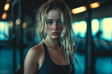 Portrait of a pensive young woman in a gym, with tousled hair and a focused gaze, embodying determination and fitness goals.