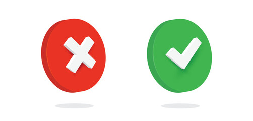 Green check mark, symbolizing approval or correctness, is positioned closely to a red cross, representing rejection or incorrectness. Both icons are rendered in a three-dimensional style as vector. - obrazy, fototapety, plakaty