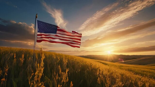 American Flag Waving in Golden Field at Sunset