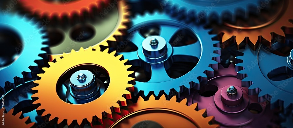 Poster a close-up view showcasing a cluster of gears interlocked and functioning smoothly to enhance workfl