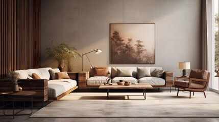 A stylish living room with sustainable furniture and earth tones