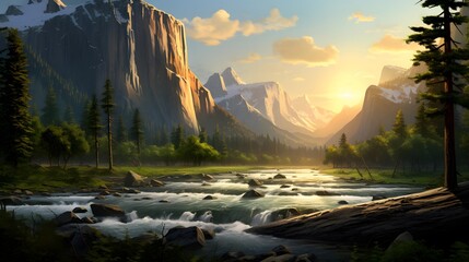 Panoramic view of a mountain river at sunset. Taken in Glacier National Park, Montana.