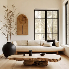 Rustic natural wood live edge coffee table and white sofa. Boho, farmhouse, japandi home interior design of modern living room.