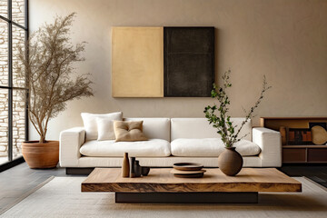 Rustic wooden coffee table near white sofa against beige stucco wall. Boho home interior design of modern living room.