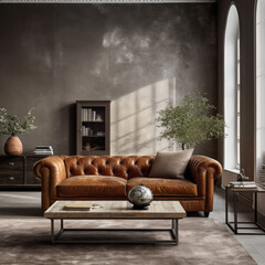 A stylish living room with a repurposed side table and a sofa made from recycled leather