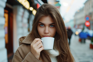Young woman enjoying coffee on the street, captivating eyes, urban backdrop.