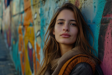 Obraz premium Casual young woman leaning against a colorful graffiti wall, contemplative look.