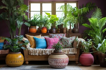 Colorful Textiles and Luxurious Ferns: Bohemian Living Room with Orchid Displays in Handmade Pots