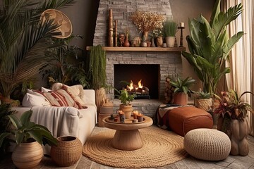 Bohemian Oasis: Earth-Toned Textiles and Tropical Plant Delights in a Cozy Fireplace Setting