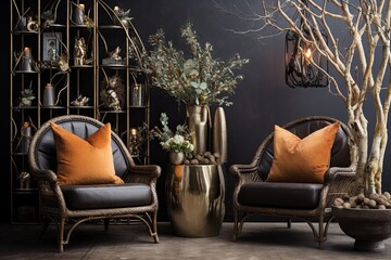 Twig Decor Wonderland: Bohemian Lounge with Metal & Leather Seating and Vase Accents