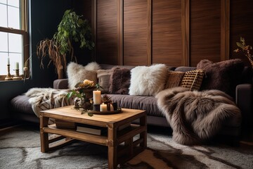 Earthy Bohemian Lounge: Faux Fur Draped, Wooden Coffee Table, Eclectic Rugs