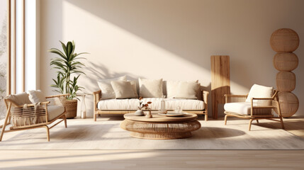 A stylish living room with a bamboo coffee table, a wicker chair, and a natural cotton area rug