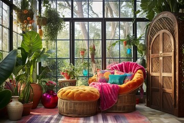 Vintage Glass Bohemian Room: Colorful Textiles & Rattan Seating Inspirations
