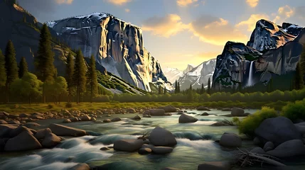 Foto auf Glas Panoramic view of a mountain river at sunset in the Rocky Mountains © Iman