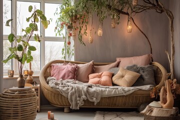 Boho Haven: Woven Wall Hangings, Tree Branch Decor & Pendant Lighting in a Stylish Apartment - obrazy, fototapety, plakaty
