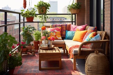 Boho Chic Balcony: Natural Fiber Rugs, Textiles, Potted Plants & Colorful Lanterns Display