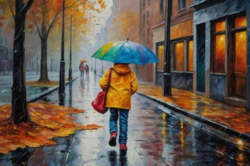 A child carrying an umbrella returning from school, rainy street, Watercolor