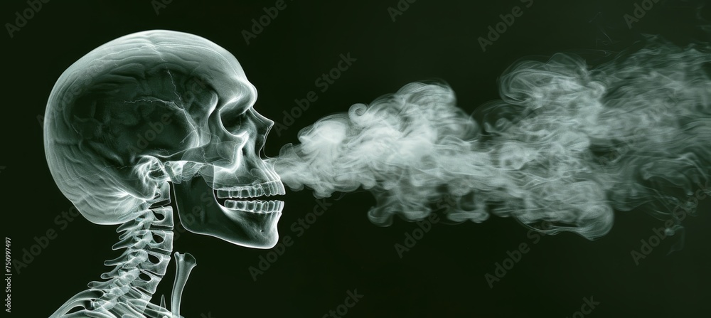 Poster silhouette of human form created by smoke on dark background with space for text