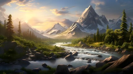 Panoramic view of the mountains and the river at sunset. - obrazy, fototapety, plakaty