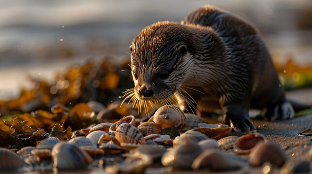 A curious baby otter playing with shells