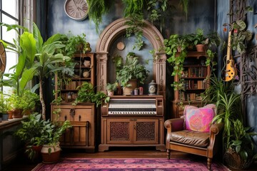 Boho Loft Vibe: Classic Jukebox Decor, Colorful Wall Hangings, and Greenery Oasis