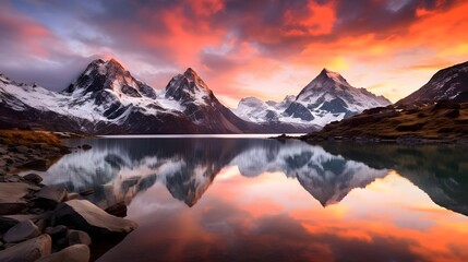 Panoramic view of snow-capped mountains reflected in lake at sunset