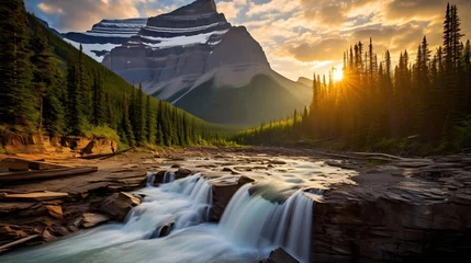  Sunset in Glacier National Park, Montana, USA. Scenic view of the waterfall. © Iman