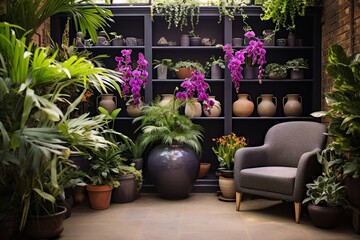Boho Patio Oasis: Luscious Fern and Orchid Displays in Pottery Brilliance