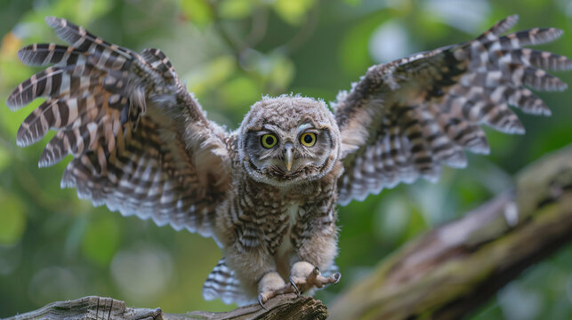 A curious baby owl perched on a branch
