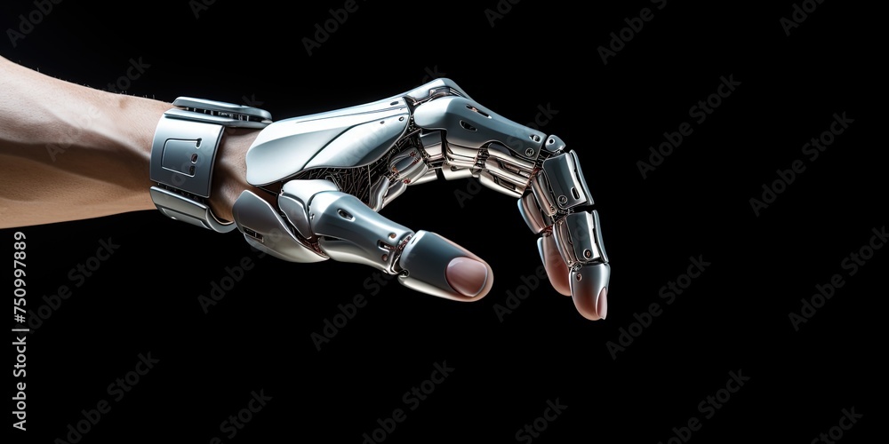 Poster human hand making contact with vortex of data and light particles in innovation and technology banne
