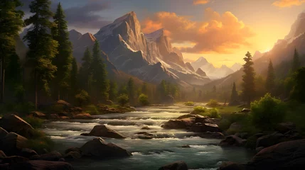 Poster Beautiful panoramic view of the mountains and river at sunset © Iman