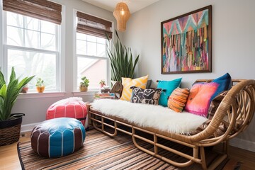 Boho-Chic Bedroom: Metal and Leather Seating with Colorful Throws and Bamboo Fixtures