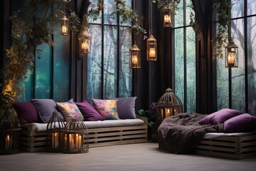 Obraz premium Boho-Chic Lounge: Enchanted Forest Wall Murals with Hanging Lanterns and Colorful Throws