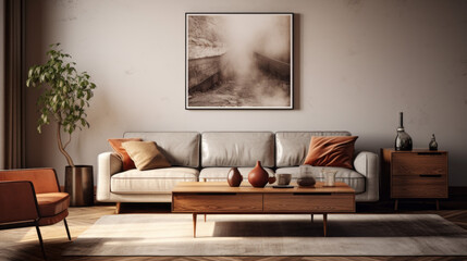 A stylish living room with textured walls and a mix of contemporary and classic furniture, including a grey couch and a glass-top side table