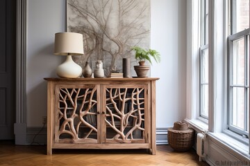 Boho Chic Brownstone Entryway with Twig Decor and Wooden Cabinet